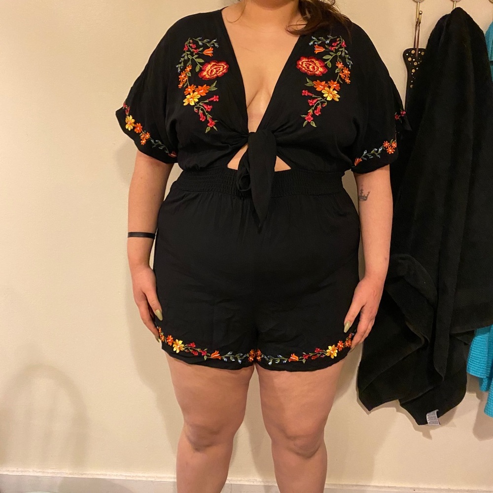 Floral embroidered romper with front tie